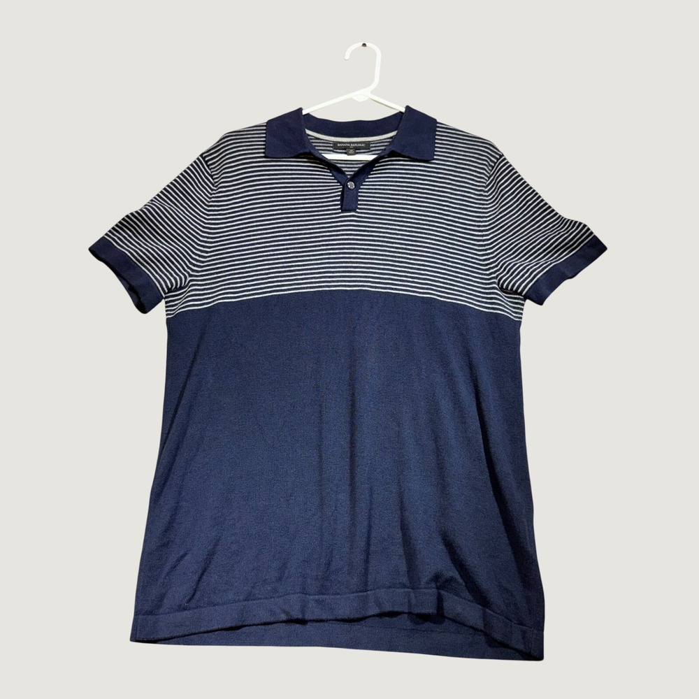 Banana Republic Mens Medium Polo Shirt Navy Blue Striped Short Sleeve Knit